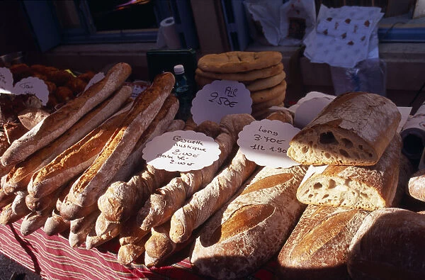 20089510. FRANCE Midi Pyrenees Pryassac Bread for sale on market stall