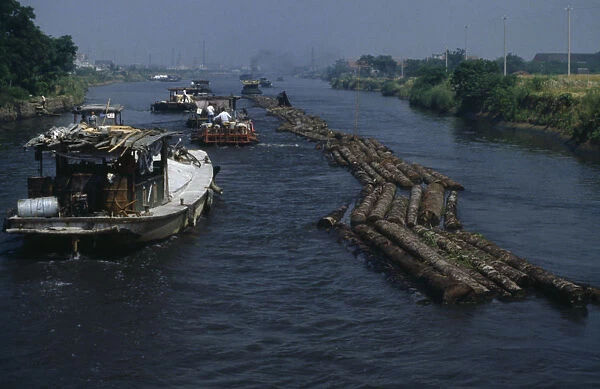 CHINA, Jiangsu Province, Grand Canal Log rafts on the Grand Canal. Suzhou to Wuxi