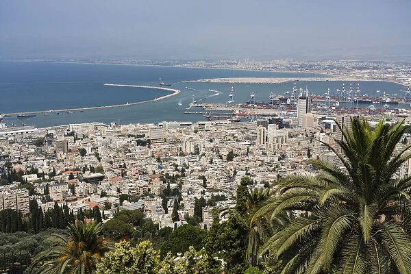 The city and ocean port of Haifa, Israel, as viewed from Mount Carmel