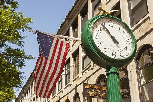 Clock and American flag outside Durgin Park Restaurant, Faneuil Hall Marketplace, Boston