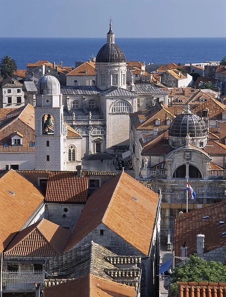CROATIA, Dalmatia, Dubrovnik Elevated view across terracotta tiled roof tops in the