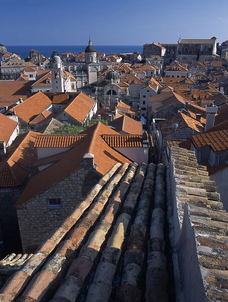 CROATIA, Dalmatia, Dubrovnik Elevated view over terracotta roof tops towards the