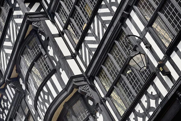 England, Cheshire, Chester, The Rows on Bridge Street, Black and White architectural patterns