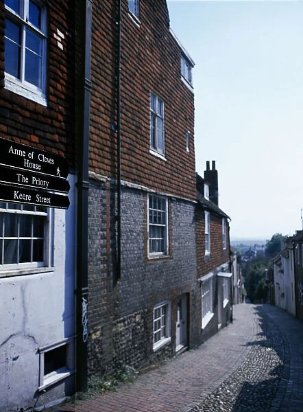 ENGLAND East Sussex Lewes View down cobbled old street with cottage housing