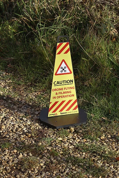 England, Kent, Warning cone, caution sign for drone in use