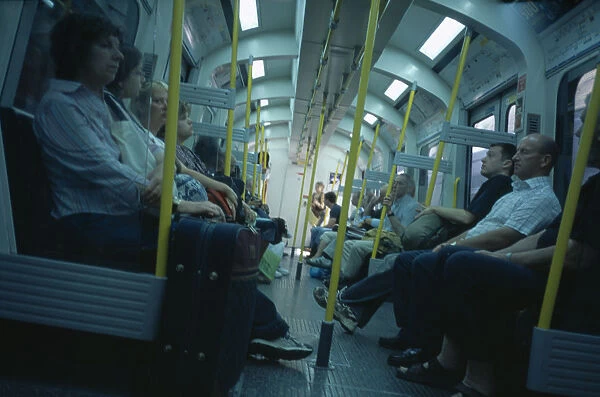 ENGLAND London The London Underground. Interior view through the train carriage with