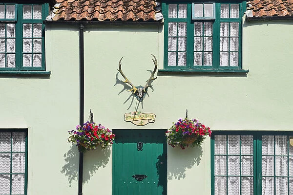 England, Somerset, Dunster, Detail of the colourful facade of the Stags Head Inn