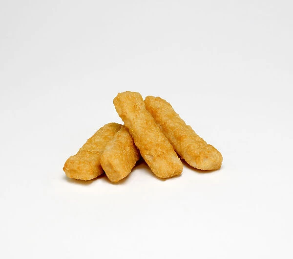 Food, Cooked, Fish, Group of fishfingers on a white background