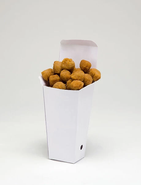 Food, Cooked, Poultry, Chicken popcorn in a cardboard box on a white background