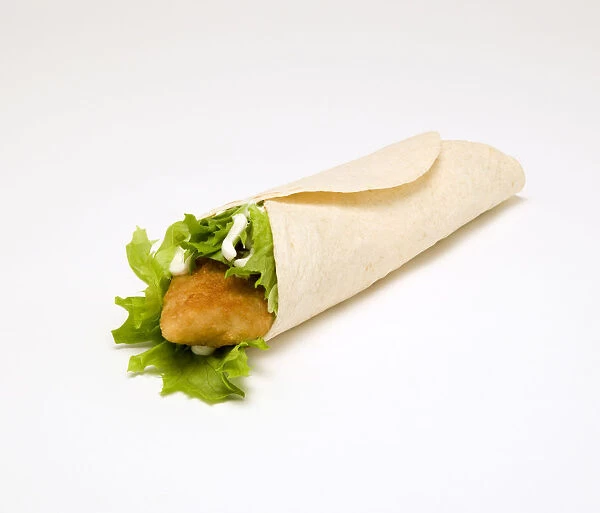 Food, Cooked, Poultry, Chicken wrap with lettuce and mayonaise on a white background