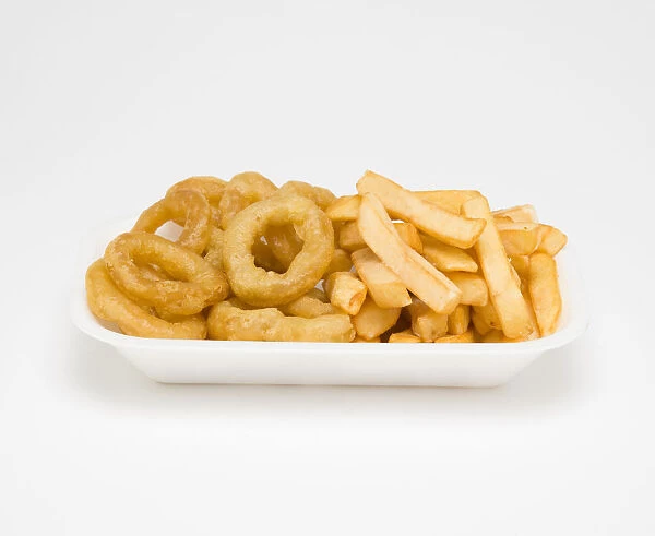 Food, Cooked, Seafood, fried squid rings and potato chips