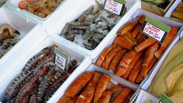 Food, Fresh, Markets, Display of seafood fish and shellfish