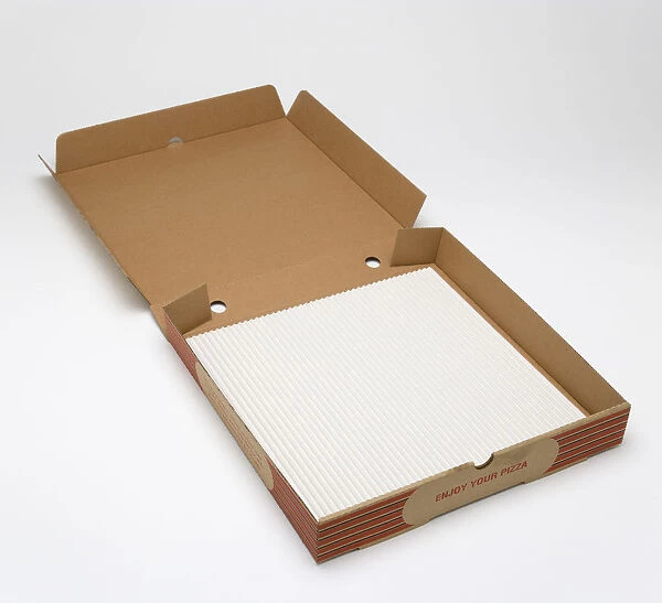 Food, Packaging, Takeaway, Empty open cardboard pizza box on a white background