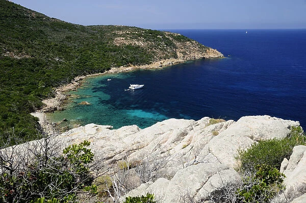 FRANCE, Corsica, Calvi, Rocky coastline & deep blue waters with boat coastline near