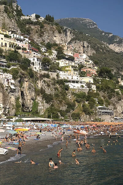 General view of Spiaggia Grande backed by Amalfi Coast