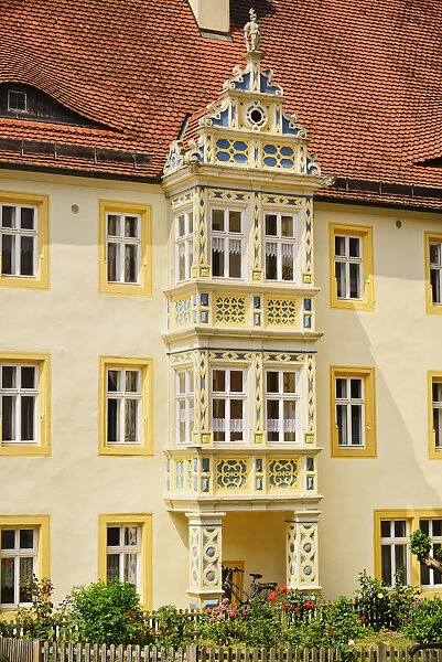 Germany, Bavaria, Rothenburg ob der Tauber, Facade of a building near Jakobskirche or St James Church