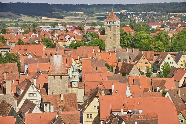 Germany, Bavaria, Rothenburg ob der Tauber, Marks Tower and Roeder Arch from Town Hall Tower with Roeder Gate in the background
