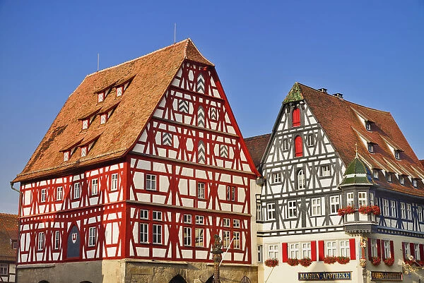 Germany, Bavaria, Rothenburg ob der Tauber, Shapes and Patterns on half timbered houses in Marktplatz