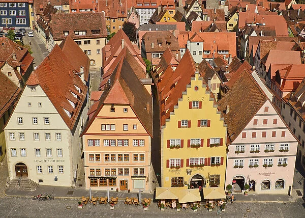 Germany, Bavaria, Rothenburg ob der Tauber, Colourful buildings in Marktplatz seen from the top of the Town Hall tower