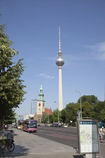 Germany, Berlin, Mitte, Fernsehturm TV Tower seen from Karl-Liebkneckt-Starsse