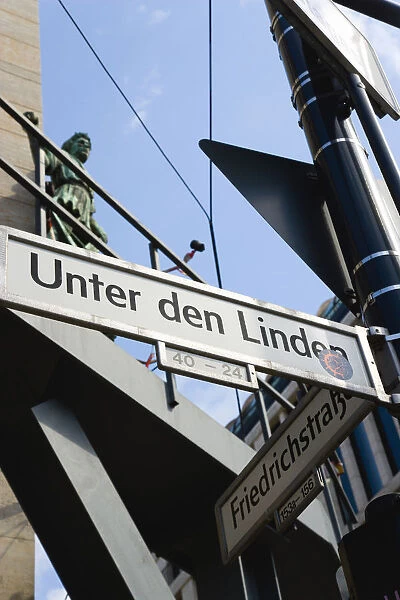Germany, Berlin, Mitte, roadsigns at the junction of Unter den Linden