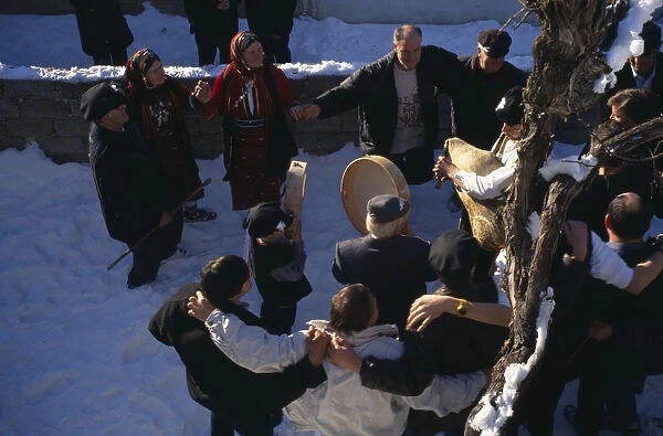 GREECE, Volakas Traditional village wedding. Dancing at the house of the bride before