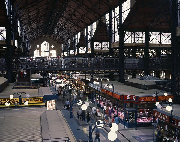 HUNGARY, Budapest Great Market Hall interior with elevated view over stalls
