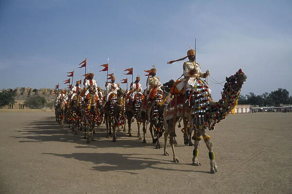 INDIA, Rajasthan, Jaisalmer Border Security Force soldiers performing the Camel Tattoo