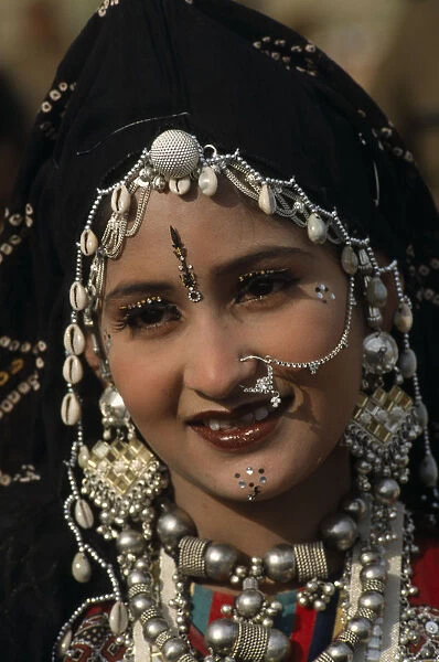 INDIA, Rajasthan, Jaisalmer Head and shoulders portrait of a Miss Desert contestant