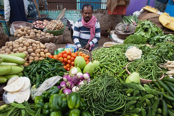 India, Uttar Pradesh, Varanasi, A vegetable vendor