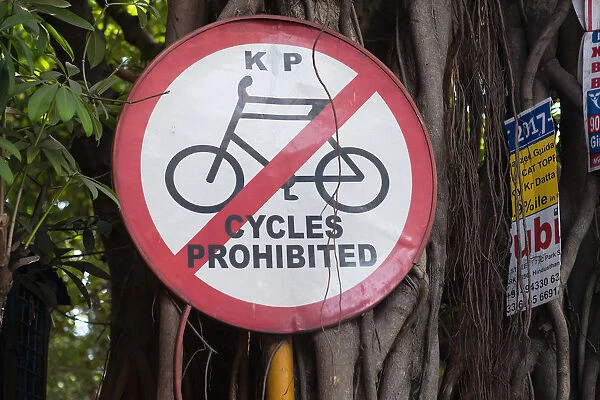 India, West Bengal, Kolkata, A no cycling sign on Park Street
