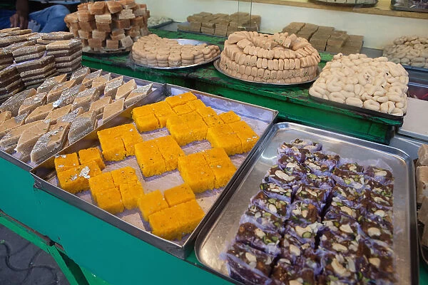 India, West Bengal, Kolkata, Display of indian sweets in a shop