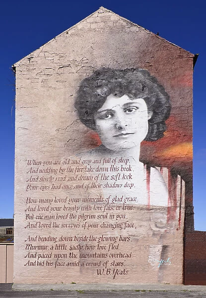 Ireland, County Sligo, Sligo, Wall mural of Maud Gonne with poem by W B yeats titled When you are old