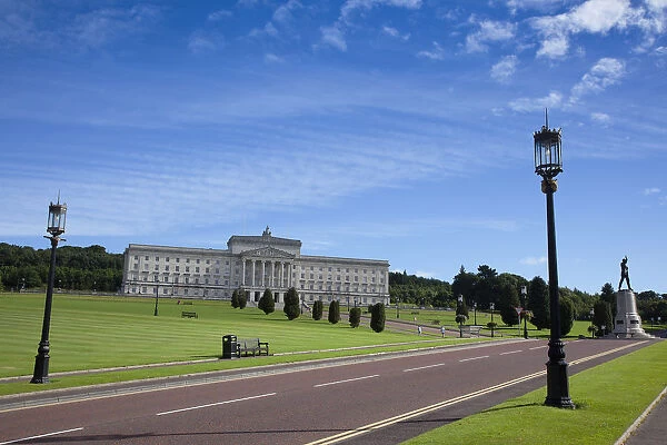 Ireland, North, Belfast, Stormont assembly building with statue of Lord Edward Carson in the foreground