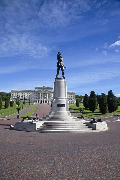 Ireland, North, Belfast, Stormont assembly building with statue of Lord Edward Carson in the foreground