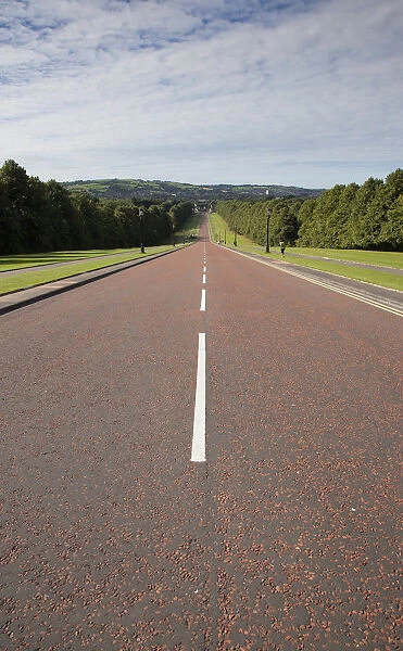 Ireland, North, Belfast, Stormont assembly buildings entrance road stretching into the distance