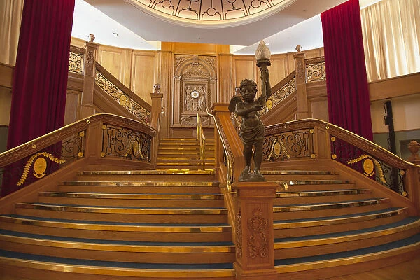 Ireland, North, Belfast, Titanic quarter visitor attraction, replica staircase in the banqueting hall