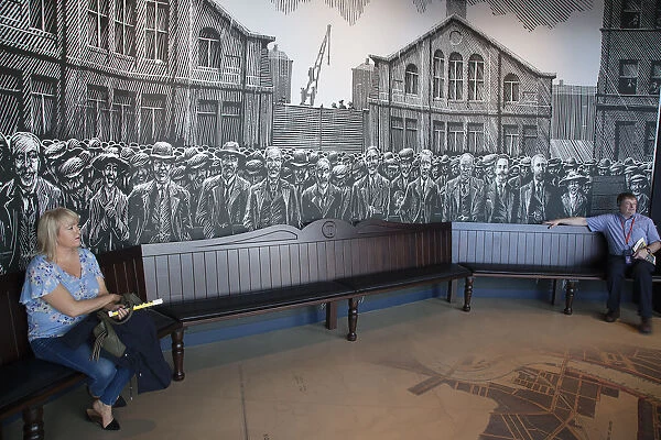 Ireland, North, Belfast, Titanic quarter visitor attraction, replica wooden bench