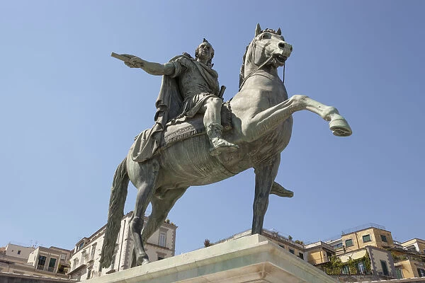Italy, Campania, Naples, Equestrian statue in Piazza Del Plebiscito