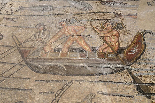 Italy, Friuli Venezia Giulia, Aquileia, mosaic detail of Apostle angels fishing