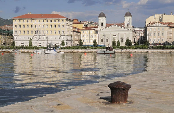Italy, Friuli Venezia Giulia, Trieste, waterfront view with Greek Orthodox church of San
