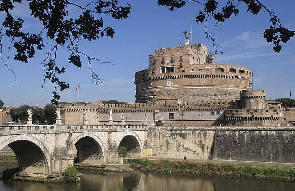 Italy, Lazio, Rome, Castel Sant Angelo with bridge & river Tiber
