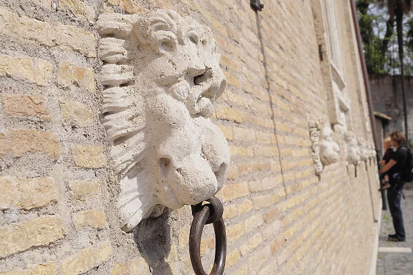 Italy, Lazio, Rome, Centro Storico, Villa Medici, stone lion wall detail