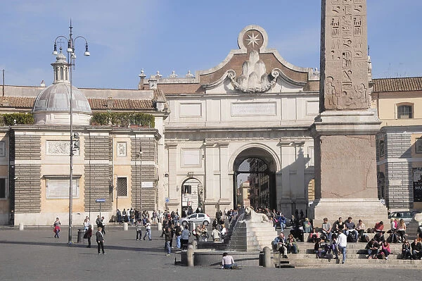Italy, Lazio, Rome, Northern Rome, Piazza del Popolo, Obelisk & central fountain with Porta del Popolo