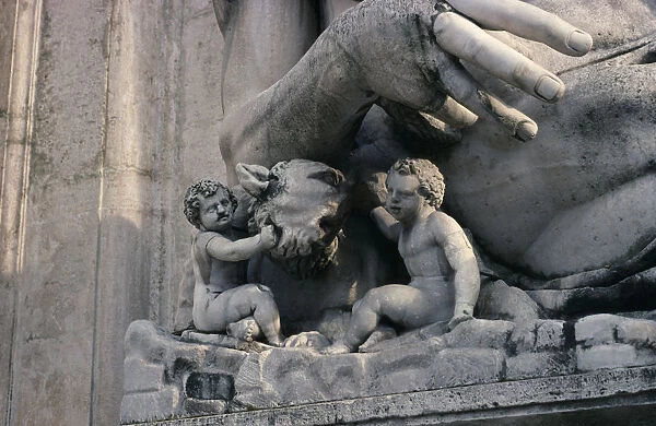 ITALY, Lazio, Rome Piazza del Campidoglio. Statue in front of Senators Palace