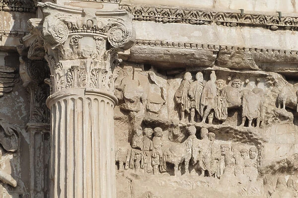 Italy, Lazio, Rome, Roman Forum, Foro Romano, Arch of Septimus Severus, pillar detail & bas relief