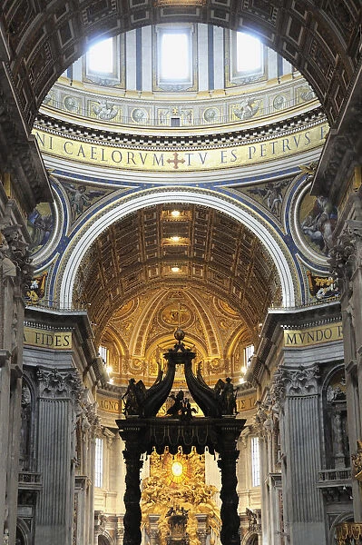 Italy, Lazio, Rome, Vatican City, St Peters Square, St Peters Basilica, central nave with Berninis Baldacchino