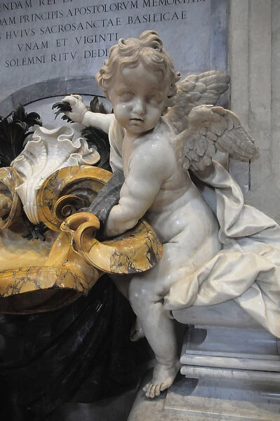 Italy, Lazio, Rome, Vatican City, St Peters Square, St Peters Basilica, marble angel detail of Holy water recepticle