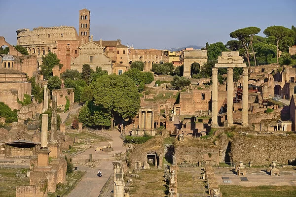 Italy, Lazio, Rome, View of the Roman Forum from Capitoline Hill in evening light with