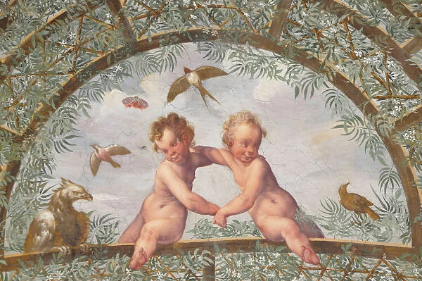 Italy, Lazio, Rome, Villa Borghese, Villa Giulia, painted detail in loggia